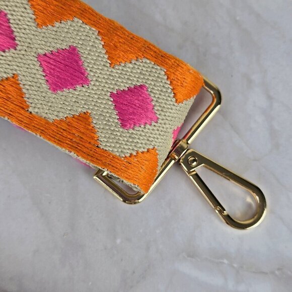 Long Adjustable Woven Purse Strap Cream Pink Orange Black Geometric Pattern - Picture 3 of 8